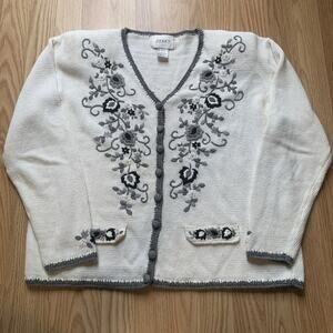 Vintage Jenny Embroidered Cardigan Sweater L Ramie Cotton Floral Cottagecore 90s